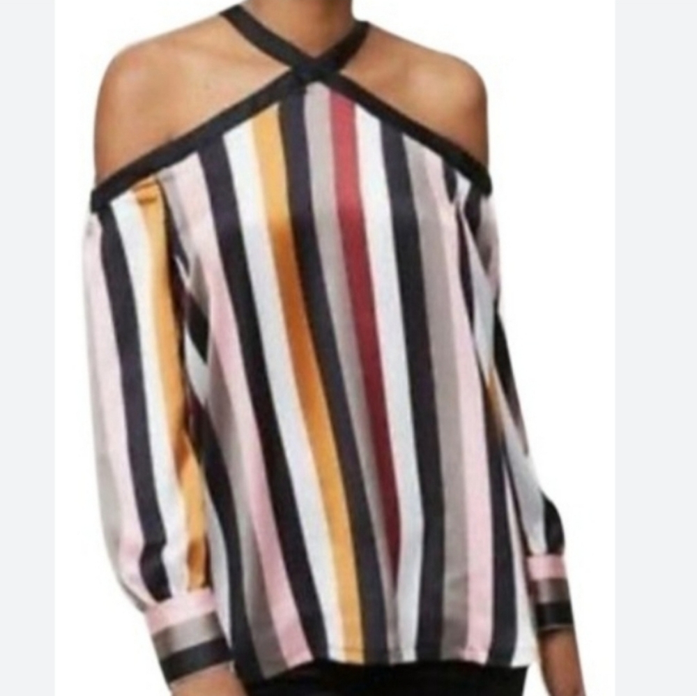 LOFT Off The Shoulder Multicolor Striped Blouse